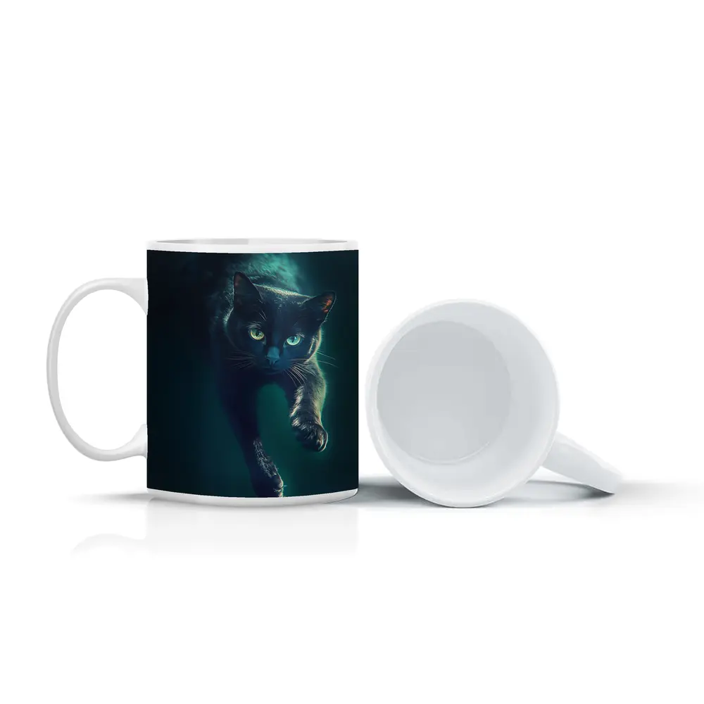 Black Cat Green Eyes Dark Teal Background – Mugs