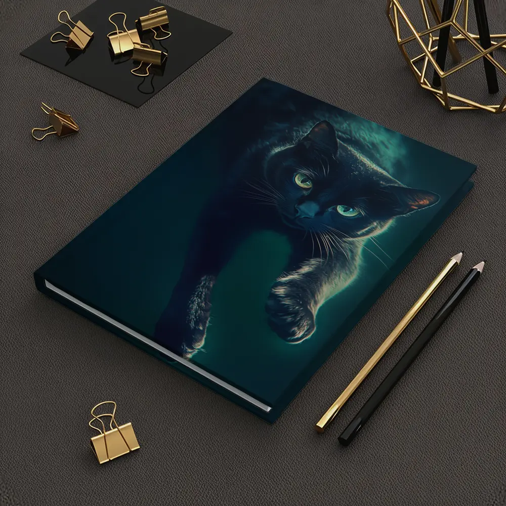 Black Cat Green Eyes Dark Teal Background – Notebooks