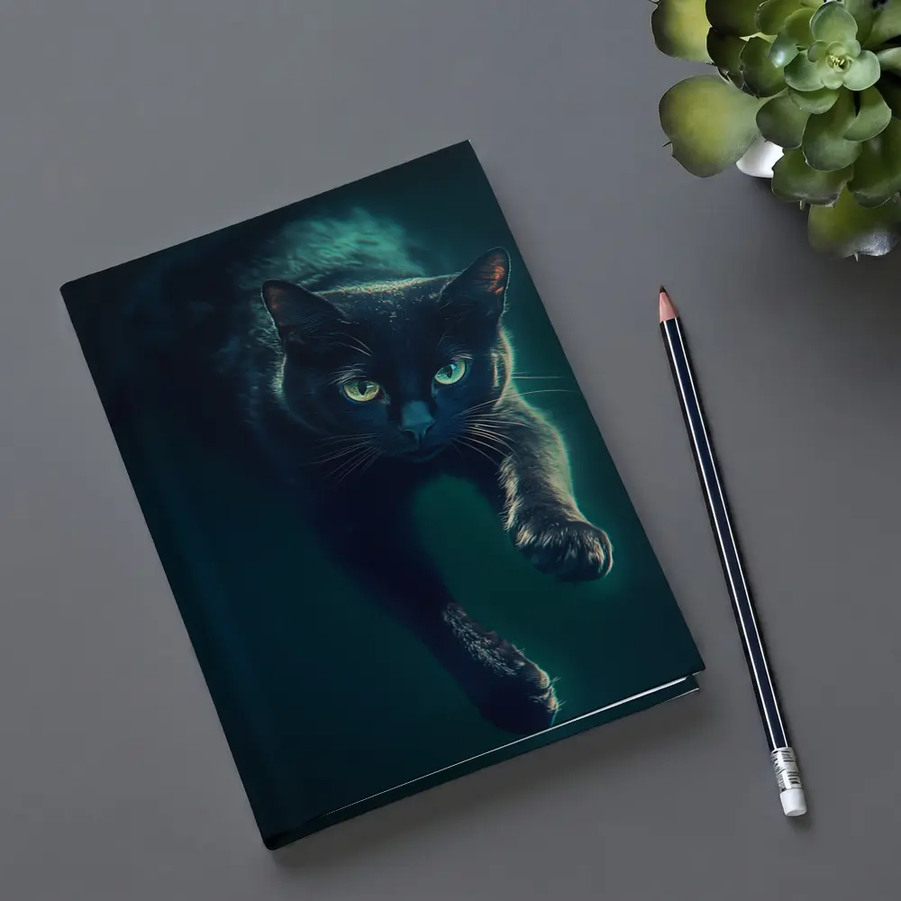 Black Cat Green Eyes Dark Teal Background – Notebooks