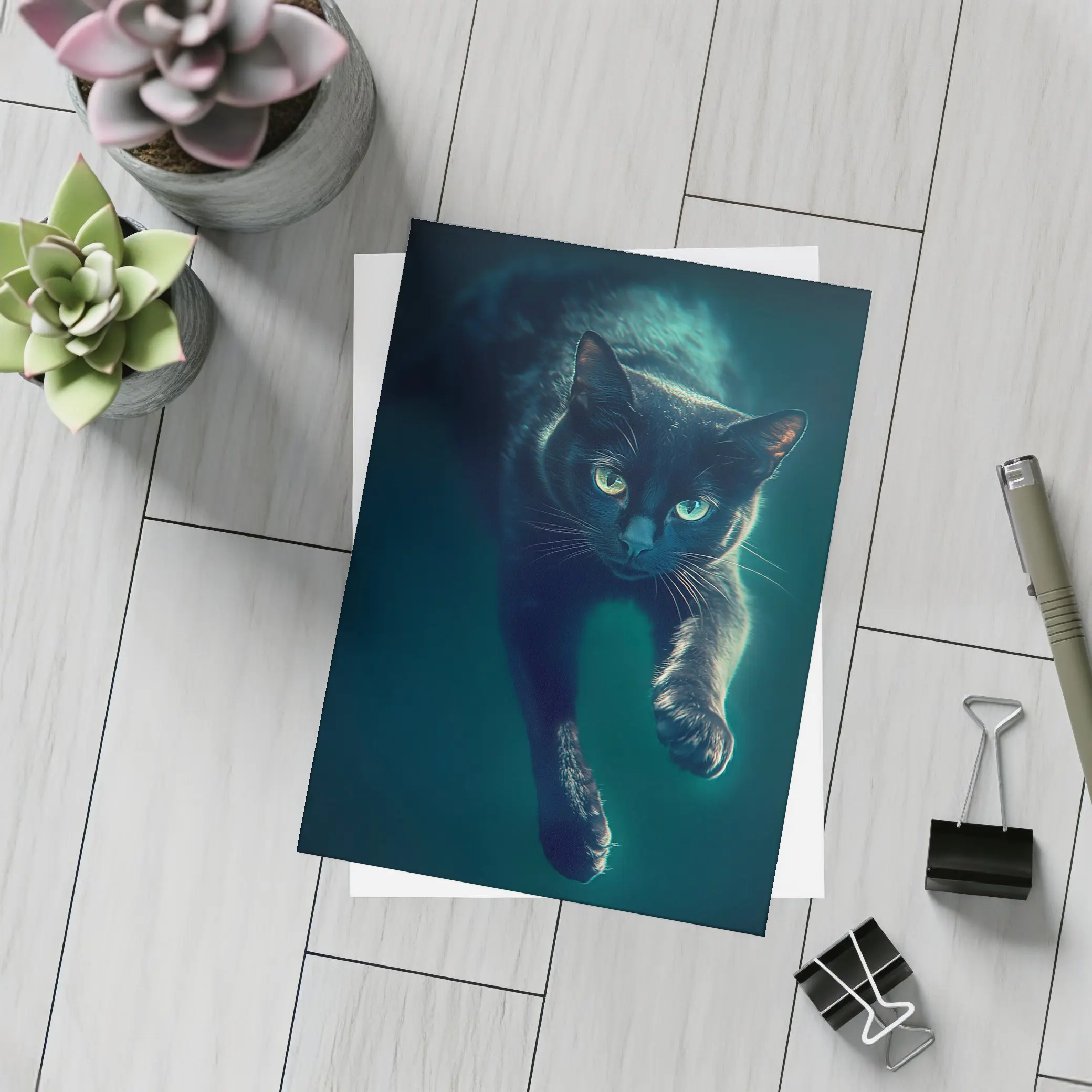 Black Cat Green Eyes Dark Teal Background – Postcards