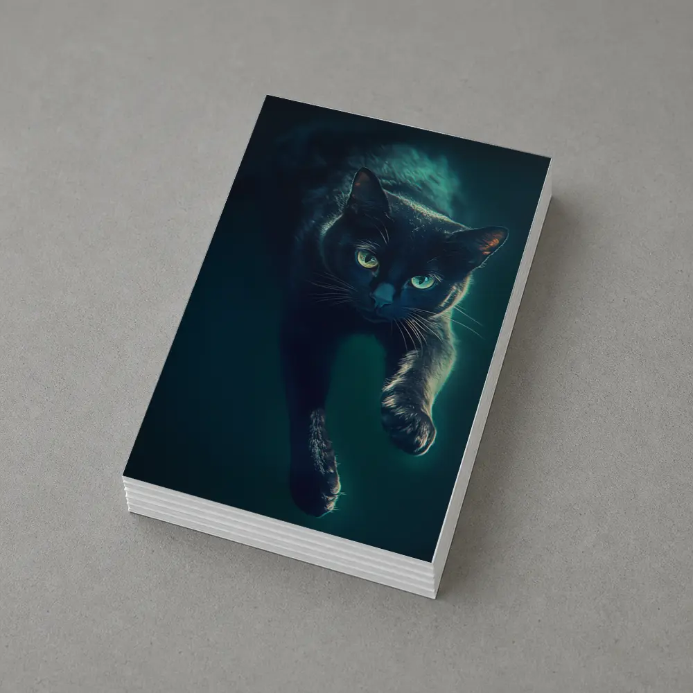 Black Cat Green Eyes Dark Teal Background – Postcards