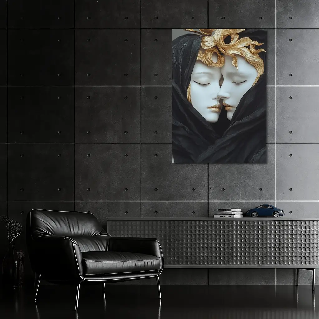 Two White Sculpture Faces Gold Hair – Wall Art