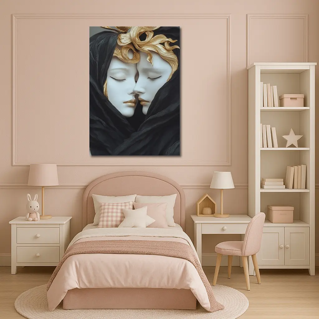 Two White Sculpture Faces Gold Hair – Wall Art