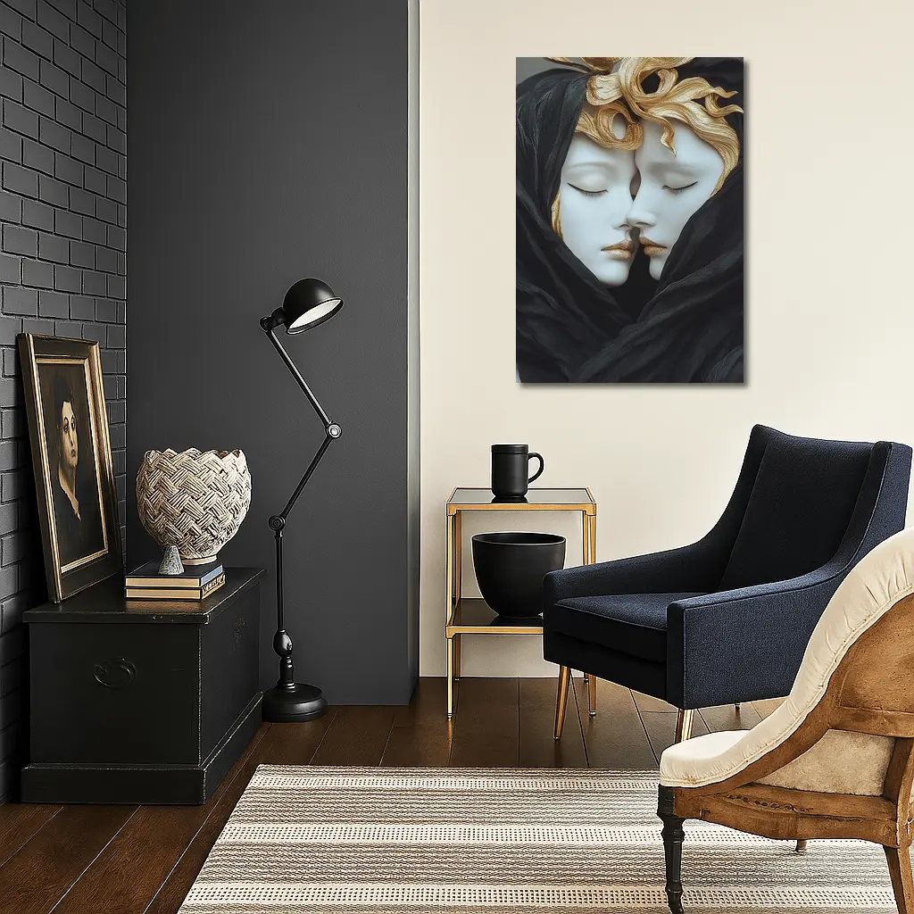 Two White Sculpture Faces Gold Hair – Wall Art