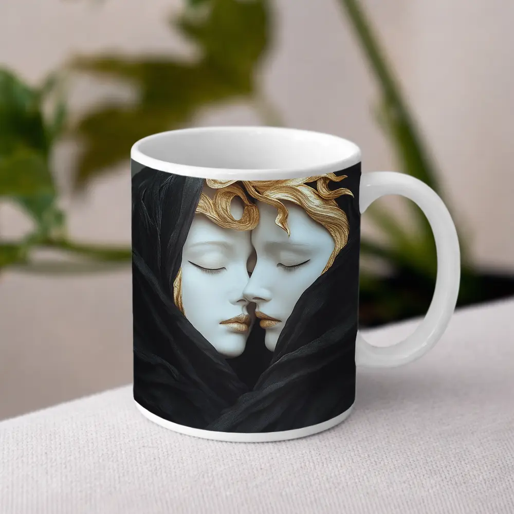 Two White Sculpture Faces Gold Hair – Mugs