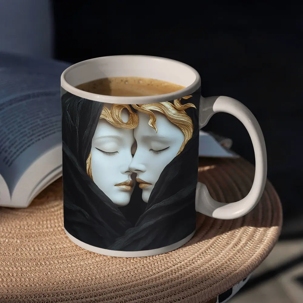 Two White Sculpture Faces Gold Hair – Mugs