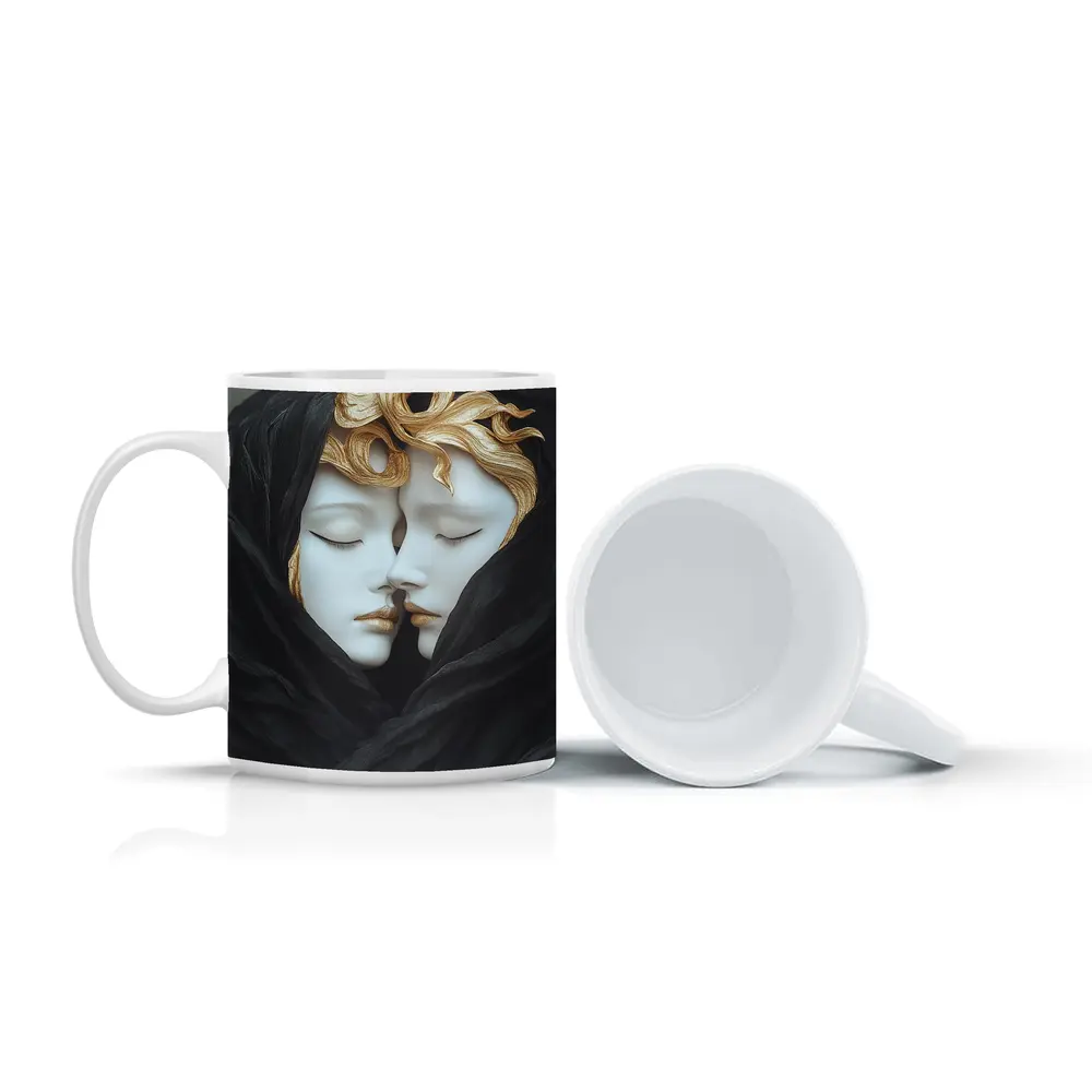 Two White Sculpture Faces Gold Hair – Mugs