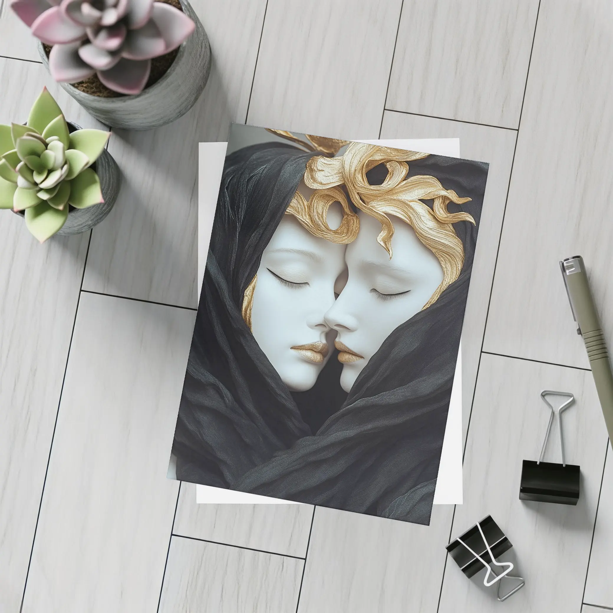Two White Sculpture Faces Gold Hair – Postcards