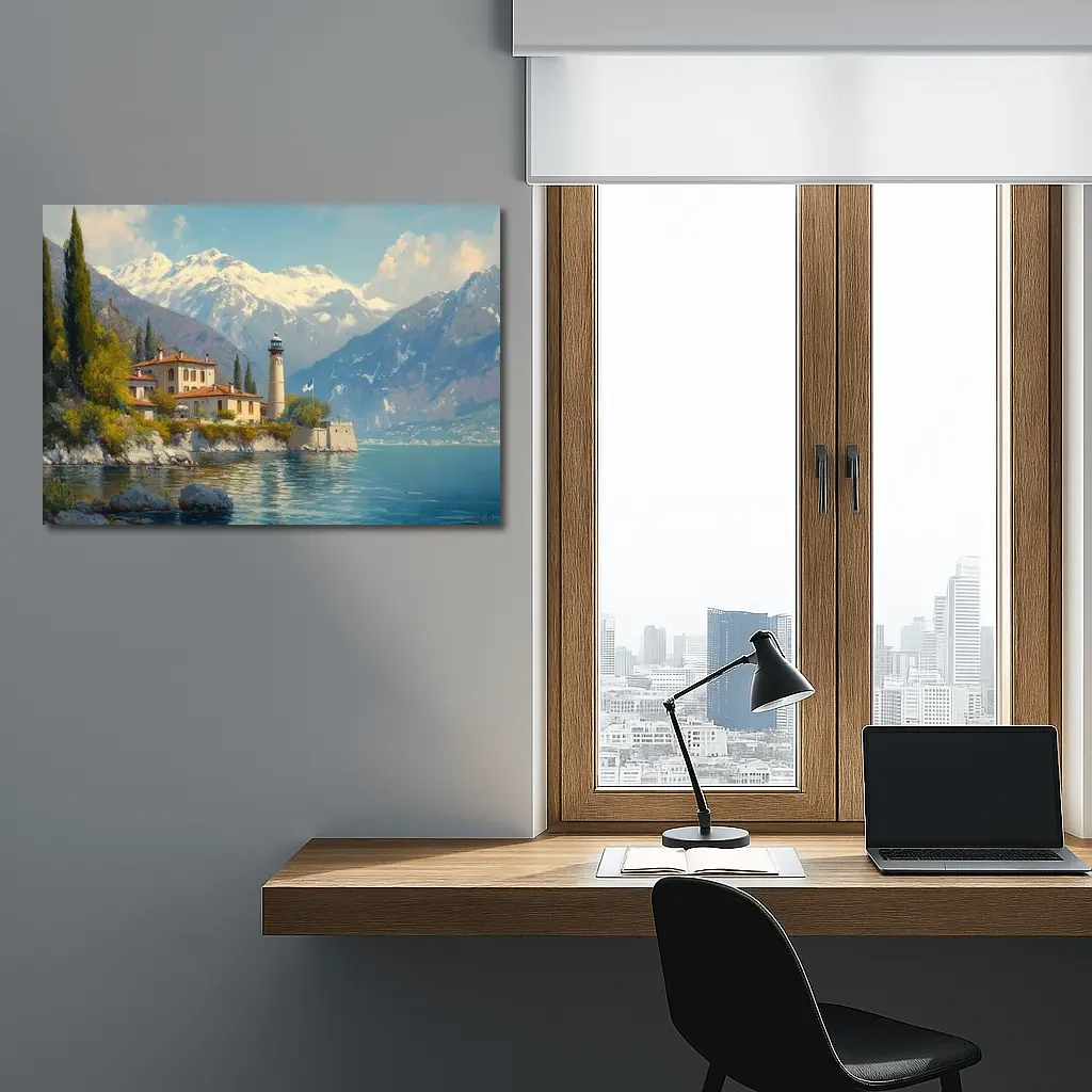 Italian Lake Villa Lighthouse Alpine Mountains Painting – Wall Art