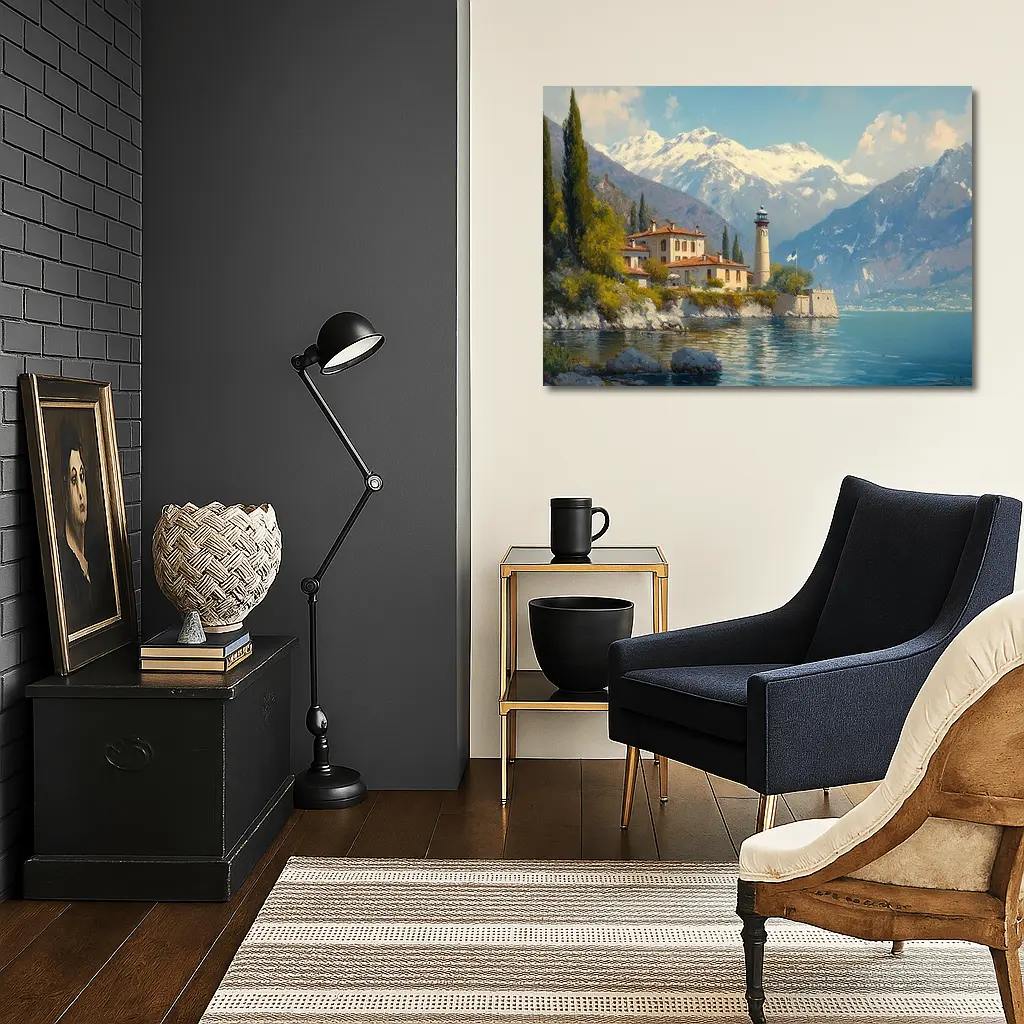 Italian Lake Villa Lighthouse Alpine Mountains Painting – Wall Art