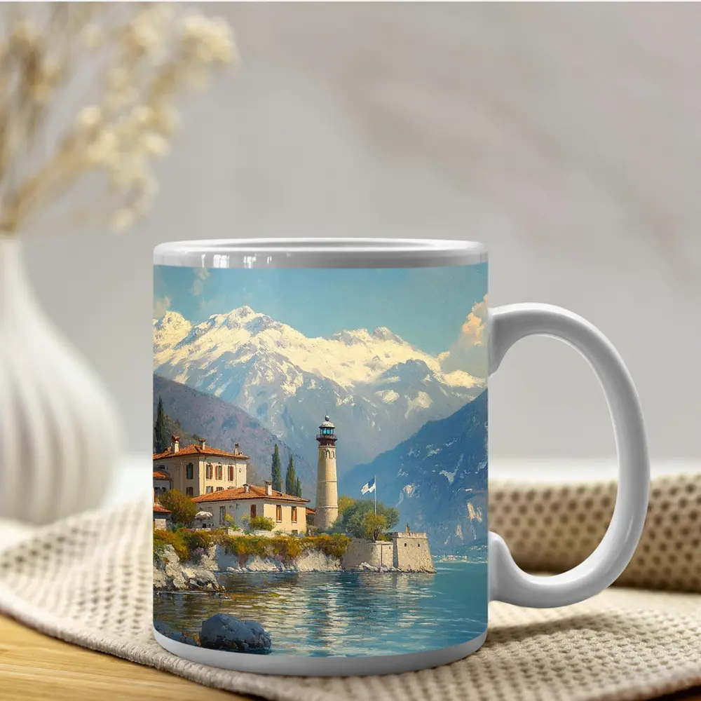 Italian Lake Villa Lighthouse Alpine Mountains Painting – Mugs