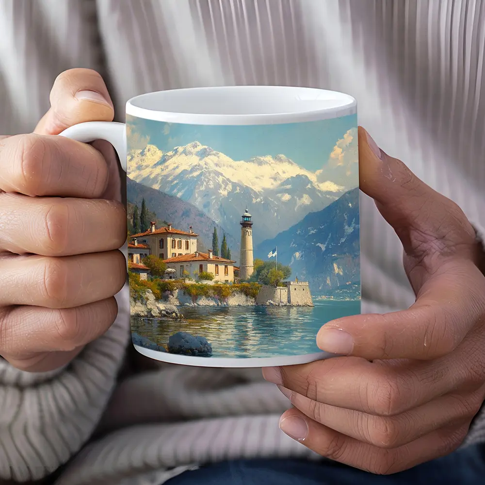 Italian Lake Villa Lighthouse Alpine Mountains Painting – Mugs