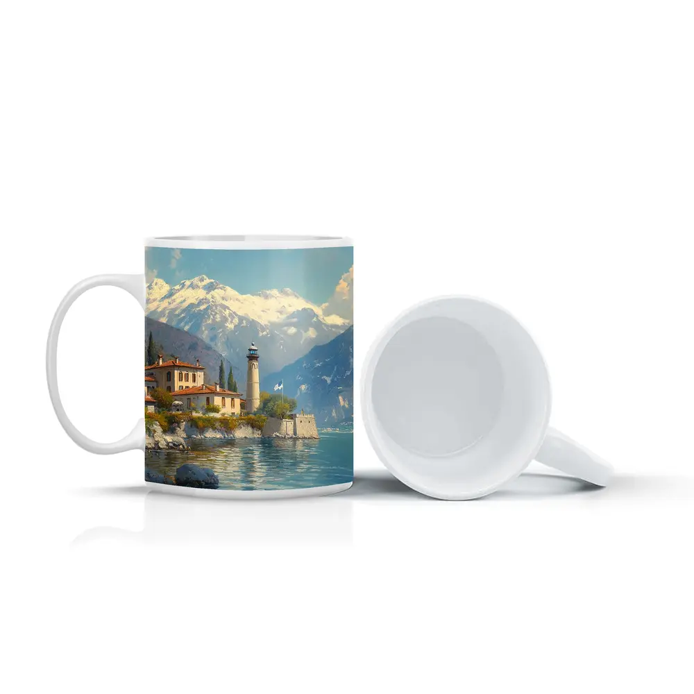 Italian Lake Villa Lighthouse Alpine Mountains Painting – Mugs