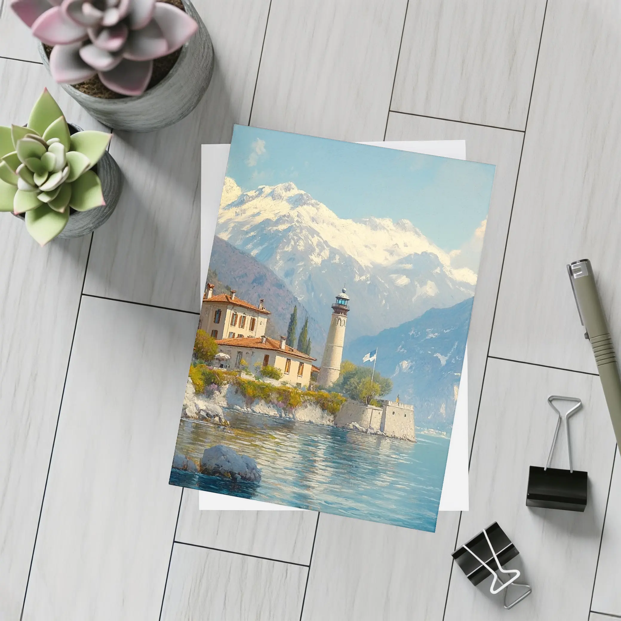 Italian Lake Villa Lighthouse Alpine Mountains Painting – Postcards