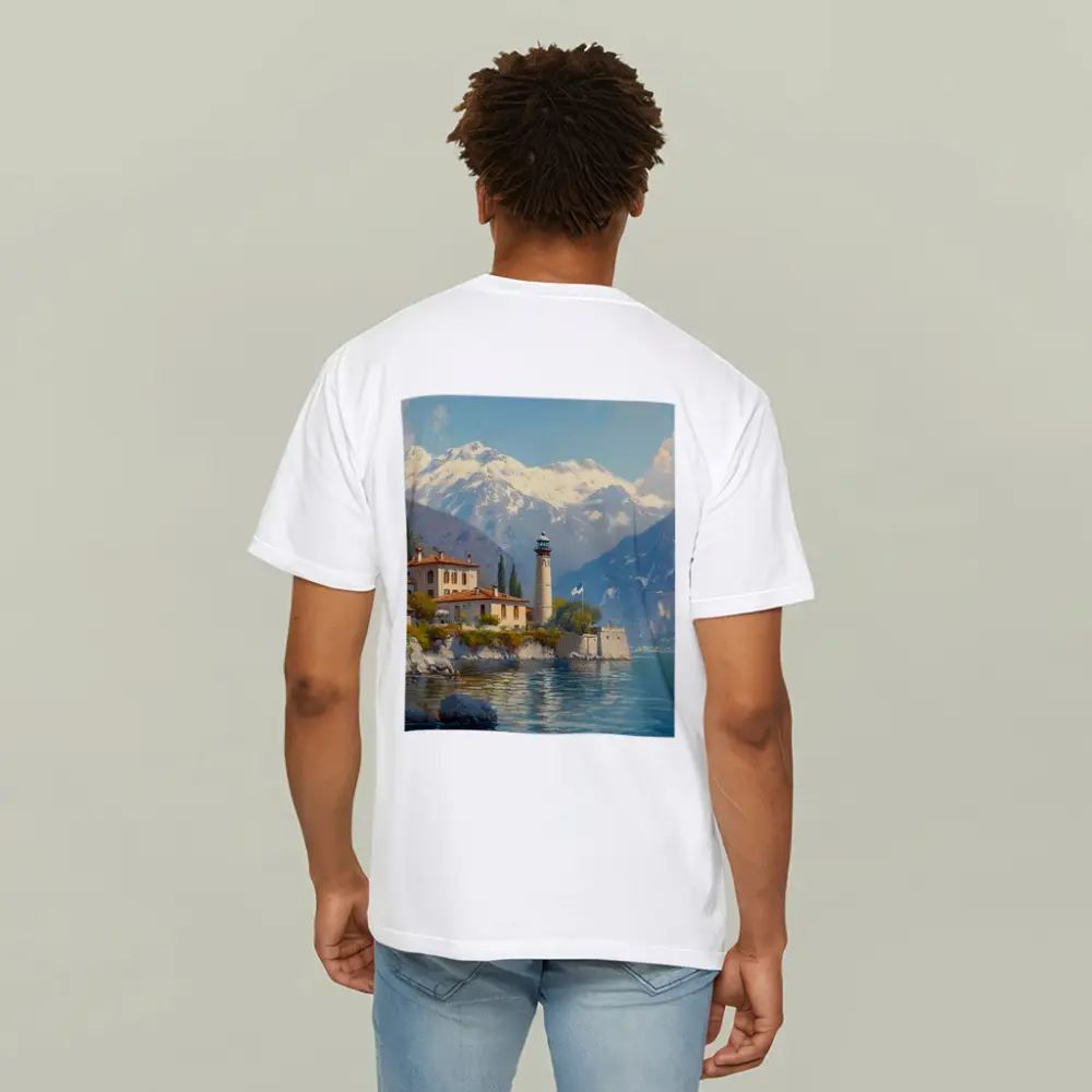 Italian Lake Villa Lighthouse Alpine Mountains Painting – T-Shirts