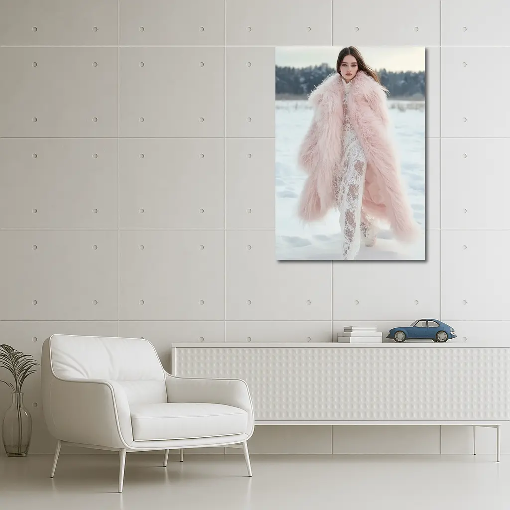 Pink Fur Coat Woman Snow Winter – Wall Art
