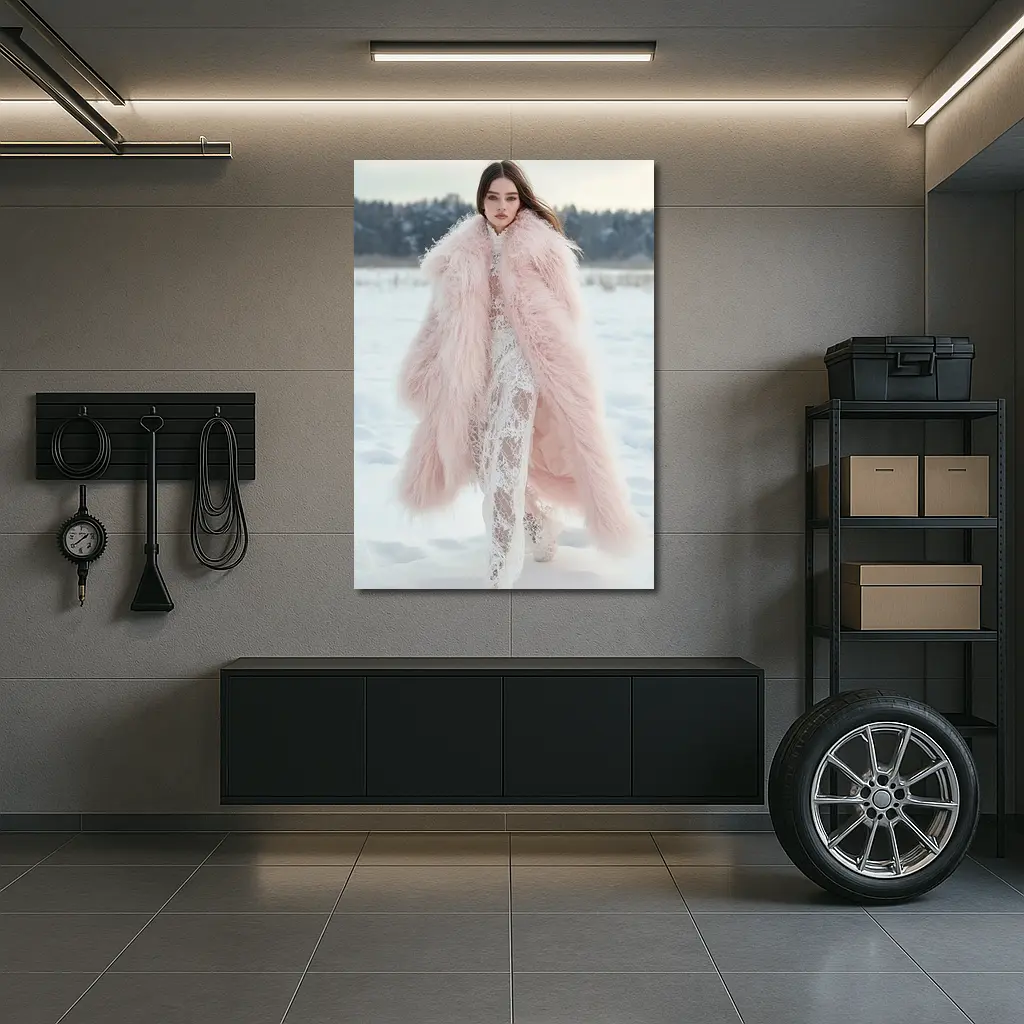 Pink Fur Coat Woman Snow Winter – Wall Art