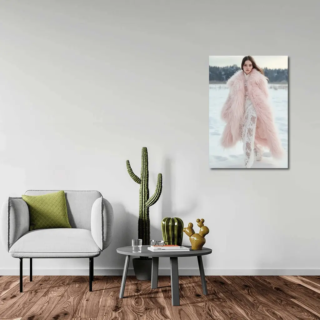 Pink Fur Coat Woman Snow Winter – Wall Art
