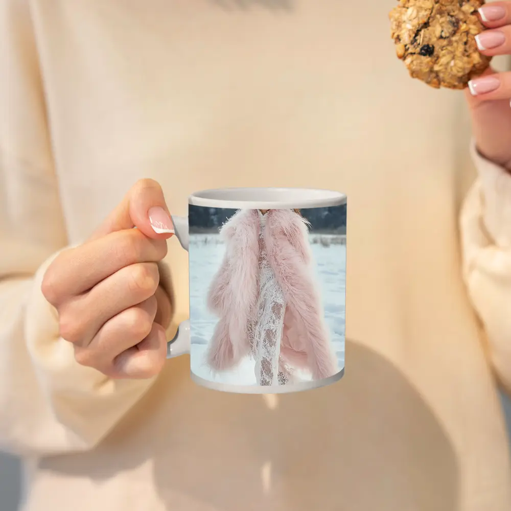Pink Fur Coat Woman Snow Winter – Mugs