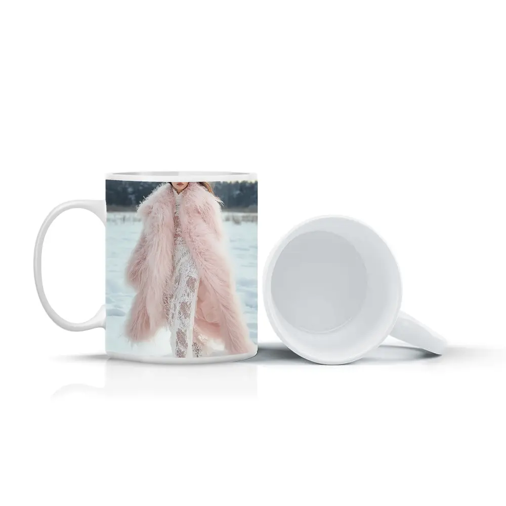 Pink Fur Coat Woman Snow Winter – Mugs