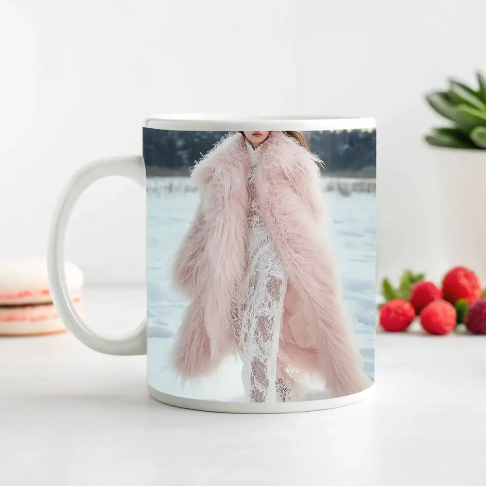 Pink Fur Coat Woman Snow Winter – Mugs