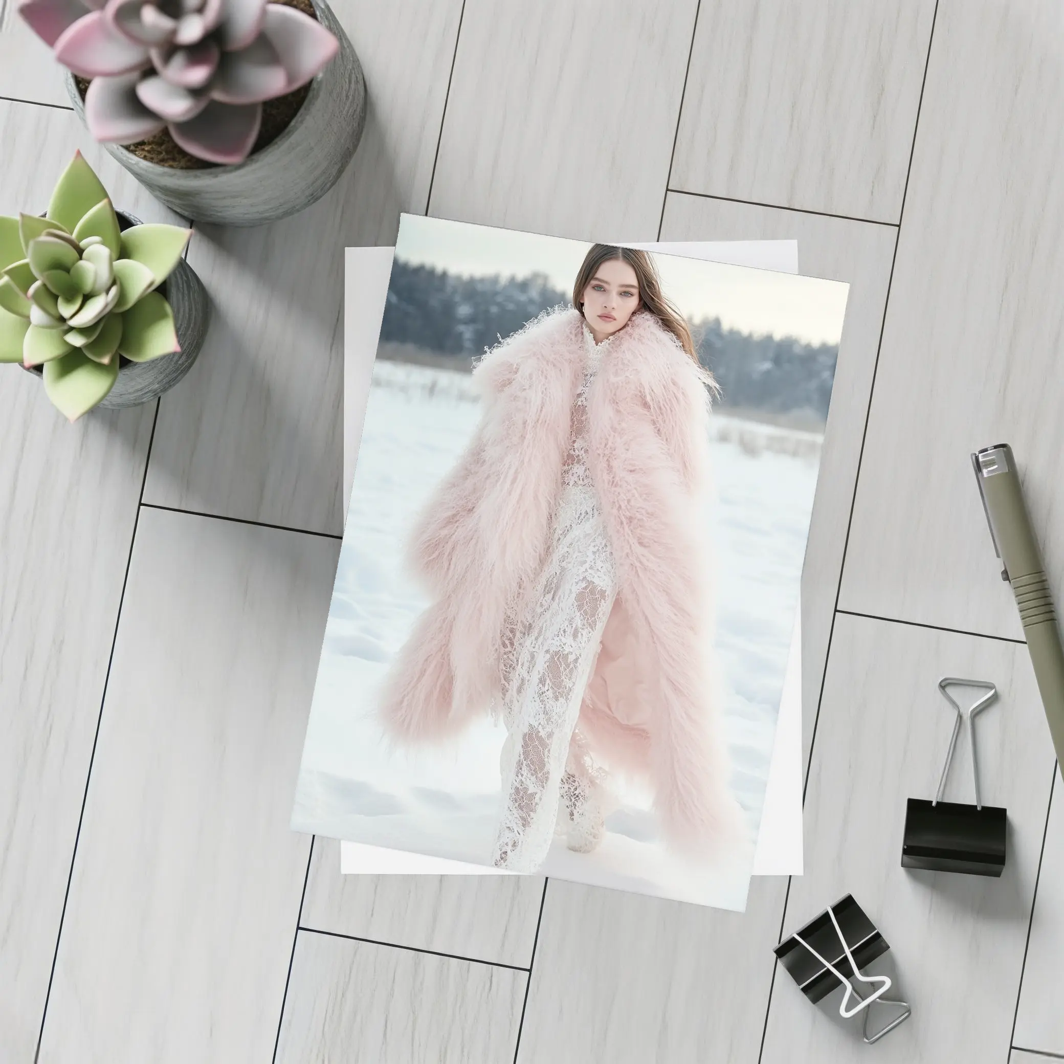 Pink Fur Coat Woman Snow Winter – Postcards