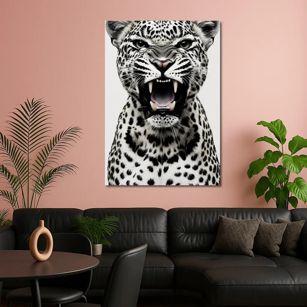 Roaring Leopard Portrait Black White Background – Wall Art