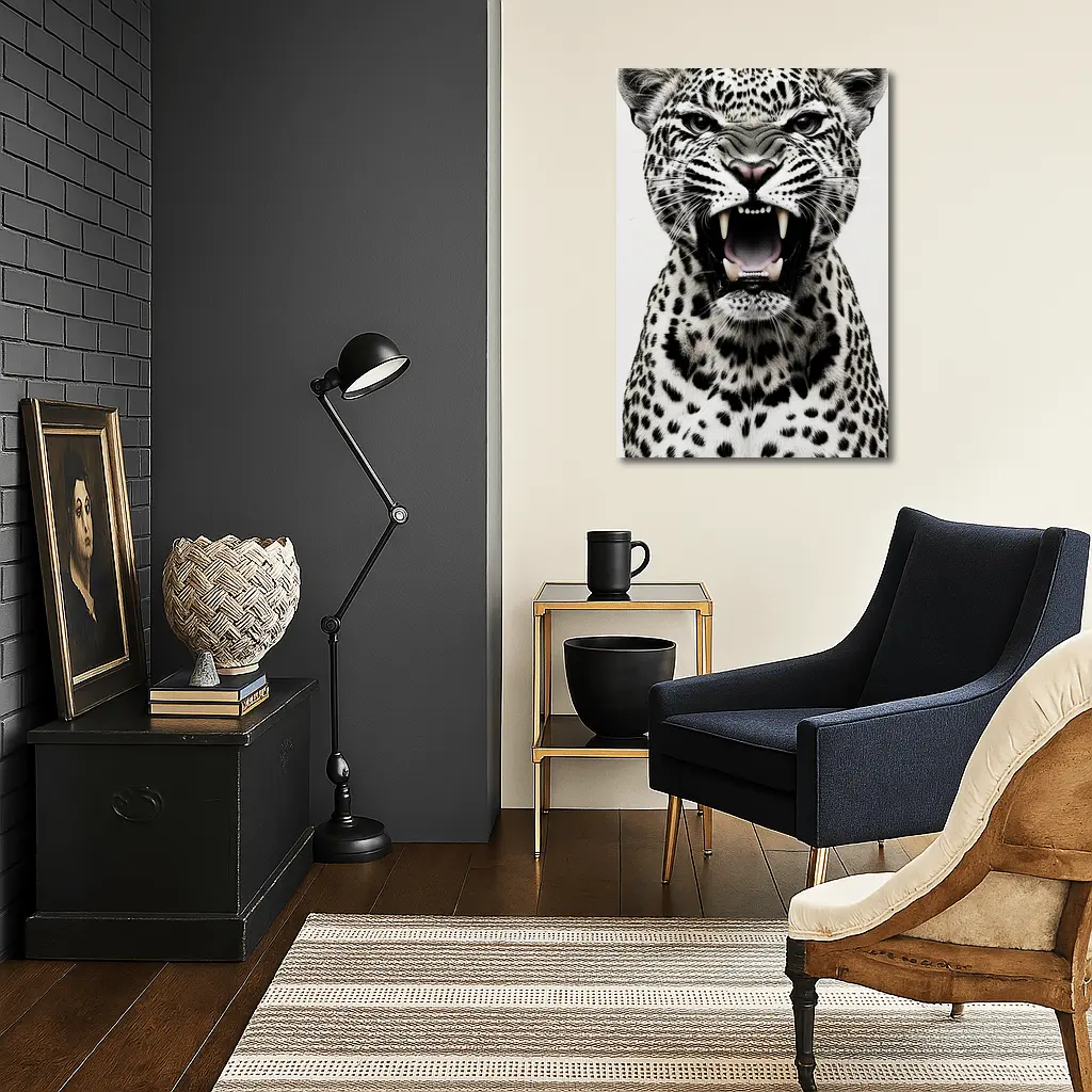 Roaring Leopard Portrait Black White Background – Wall Art