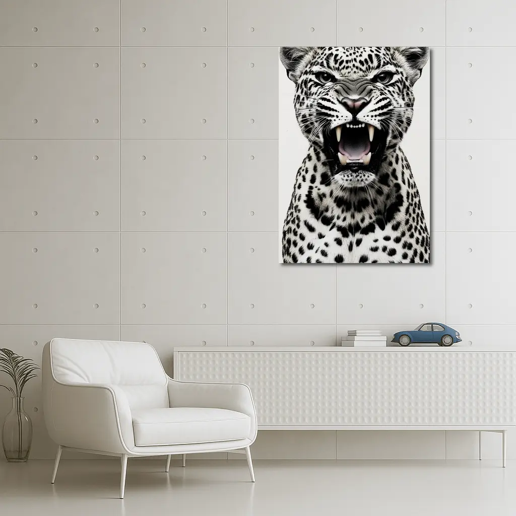 Roaring Leopard Portrait Black White Background – Wall Art