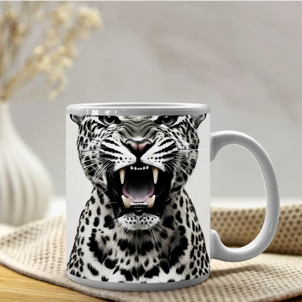 Roaring Leopard Portrait Black White Background – Mugs