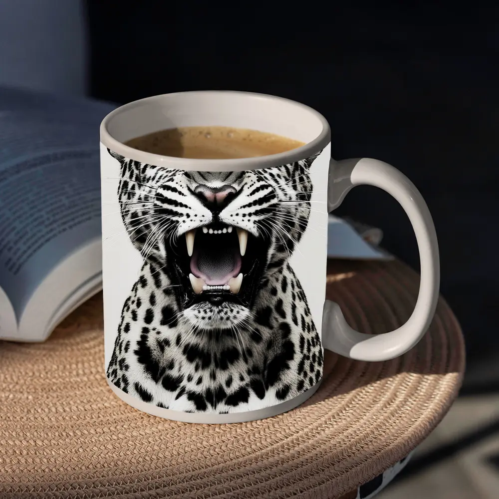 Roaring Leopard Portrait Black White Background – Mugs