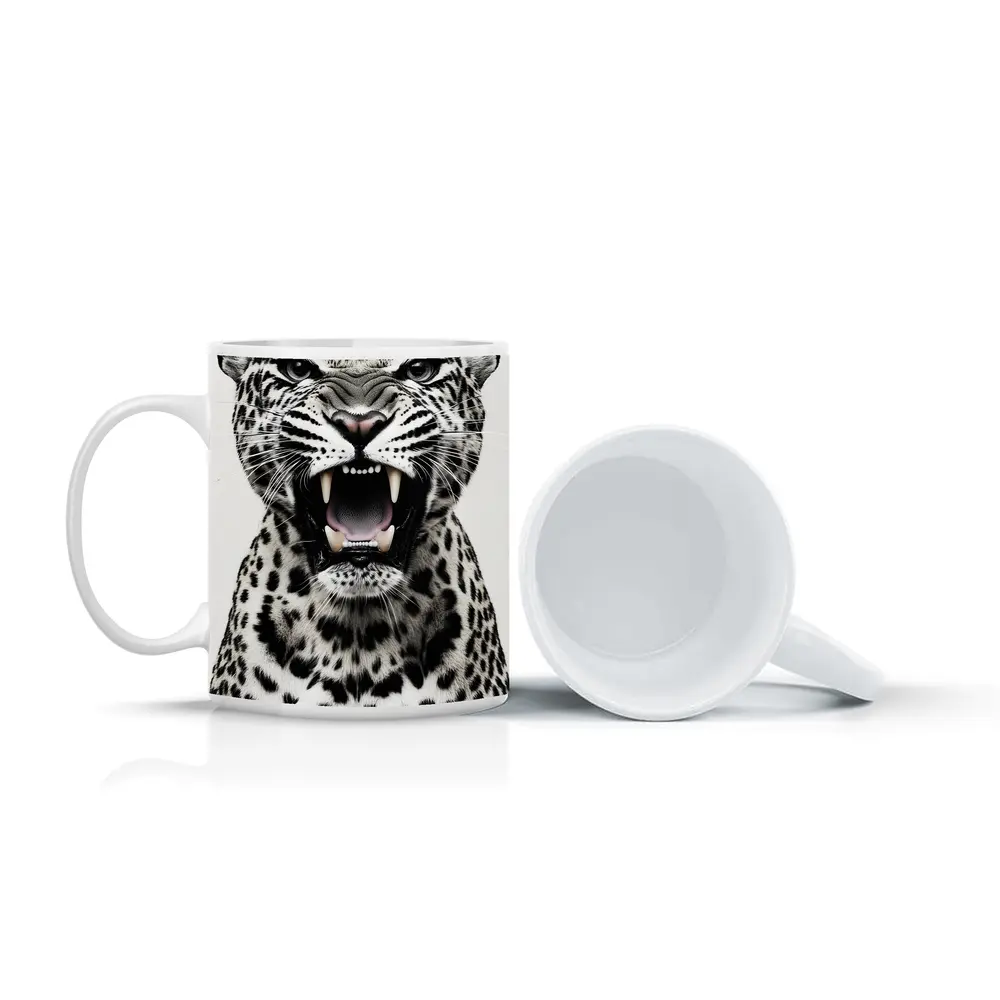 Roaring Leopard Portrait Black White Background – Mugs