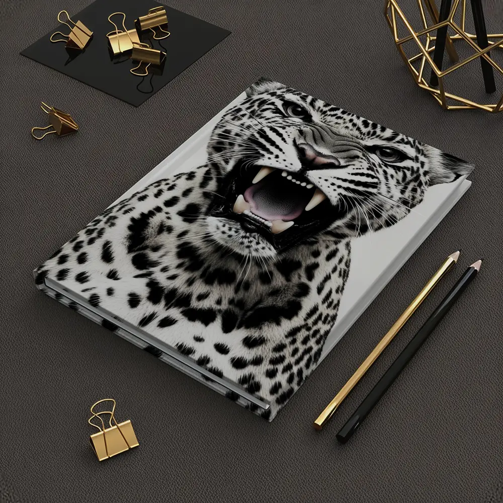 Roaring Leopard Portrait Black White Background – Notebooks
