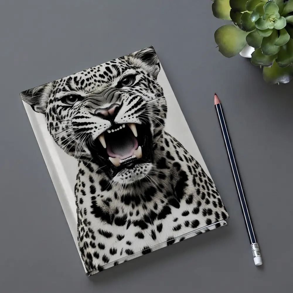 Roaring Leopard Portrait Black White Background – Notebooks