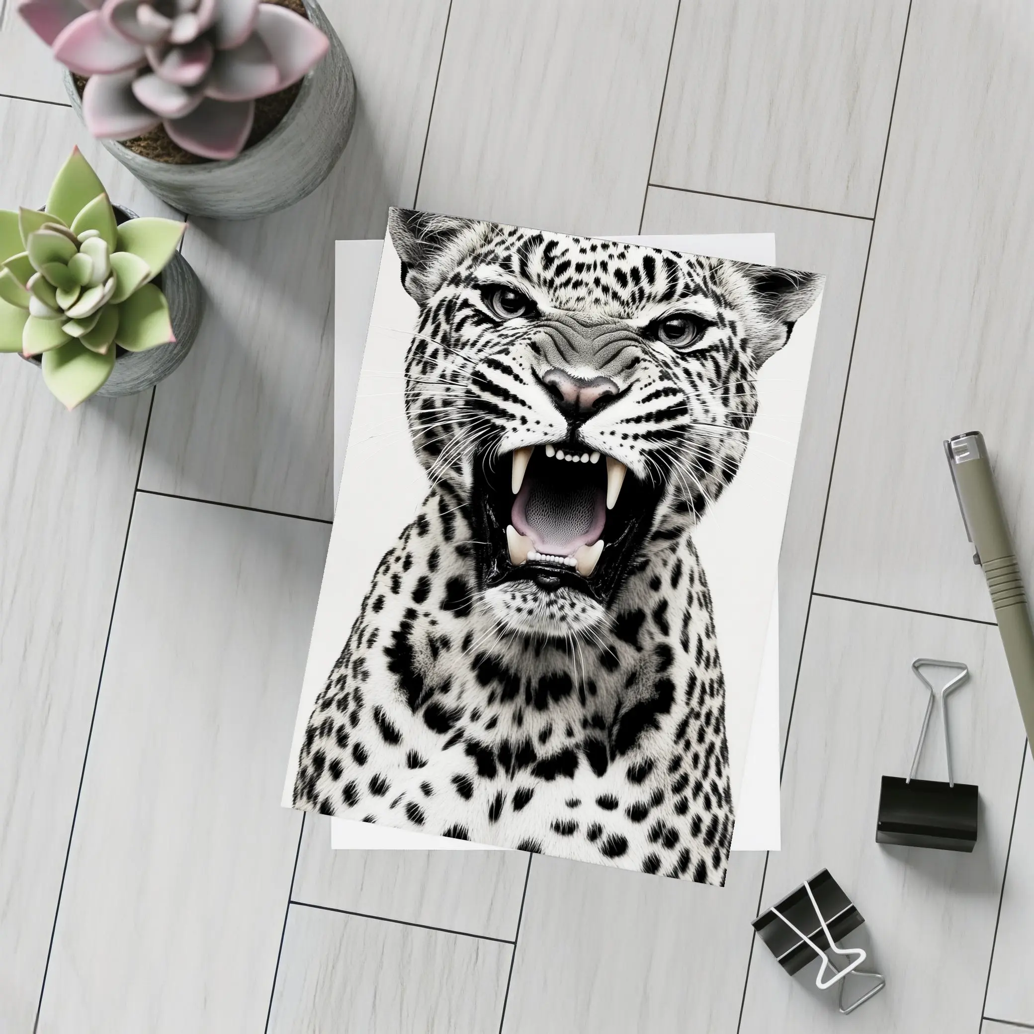 Roaring Leopard Portrait Black White Background – Postcards
