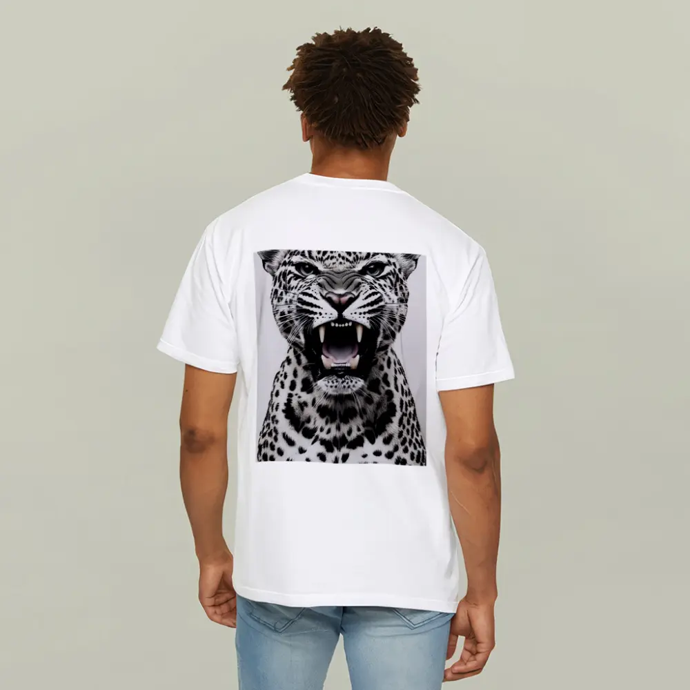 Roaring Leopard Portrait Black White Background – T-Shirts