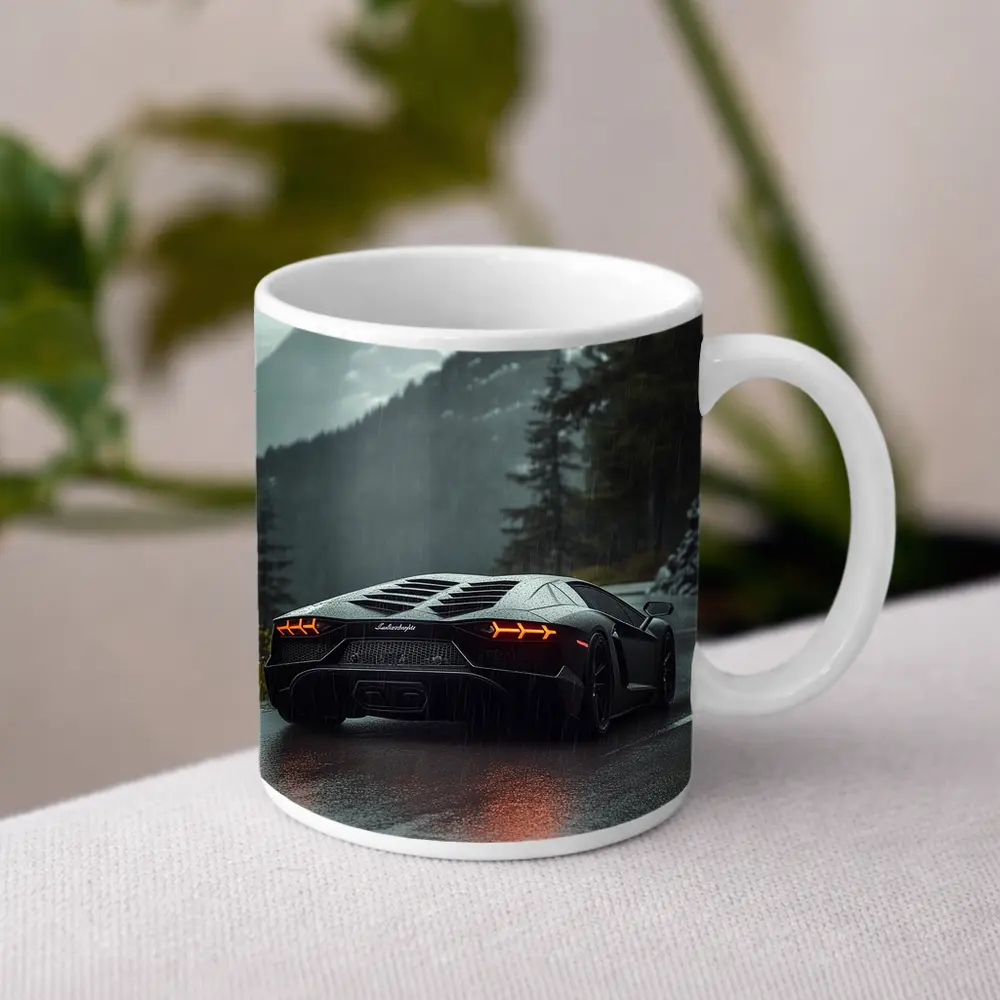 Lamborghini Aventador Black Rainy Mountain Road – Mugs