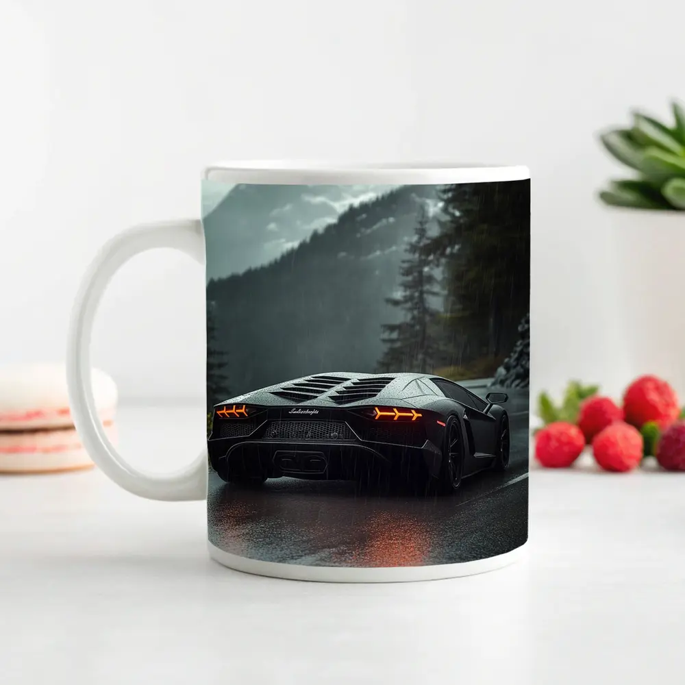 Lamborghini Aventador Black Rainy Mountain Road – Mugs
