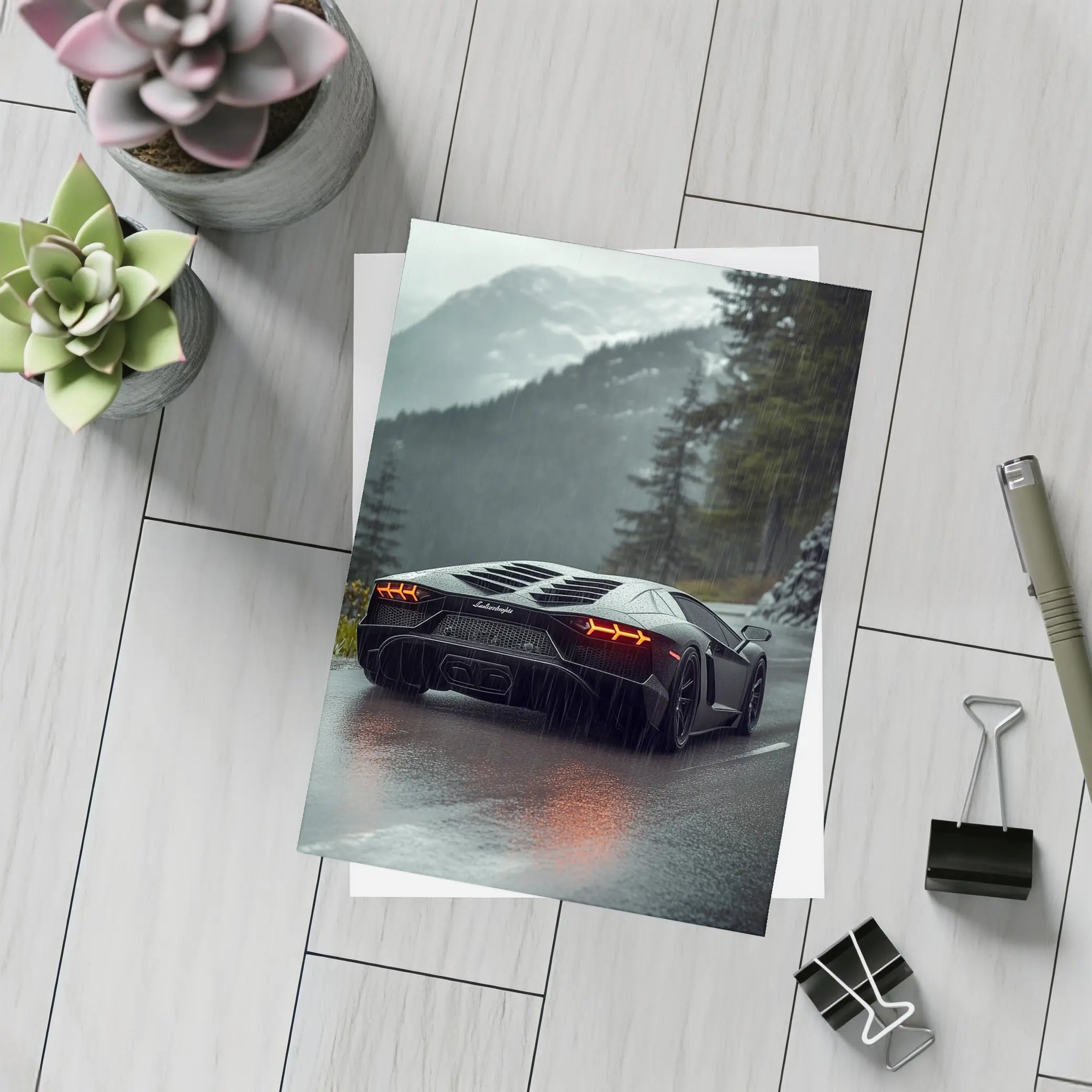 Lamborghini Aventador Black Rainy Mountain Road – Postcards