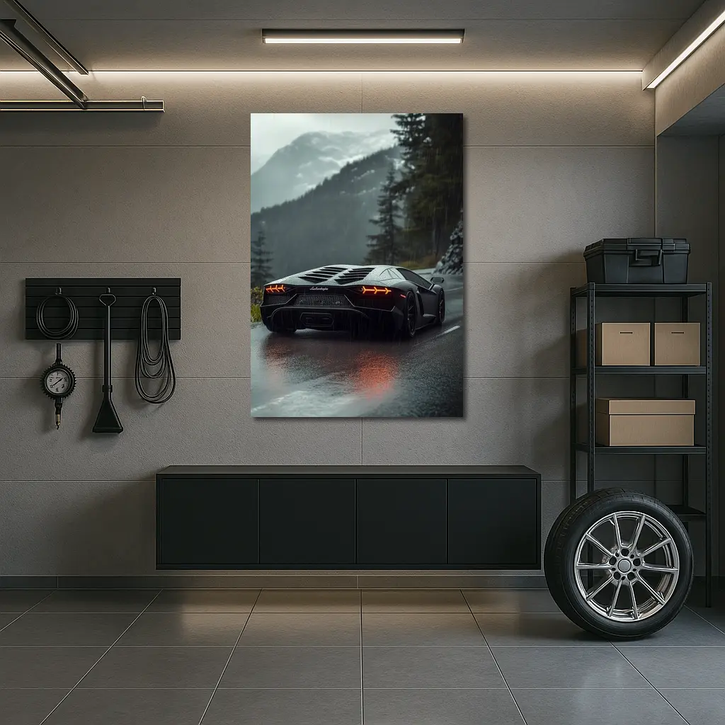 Lamborghini Aventador Black Rainy Mountain Road – Wall Art