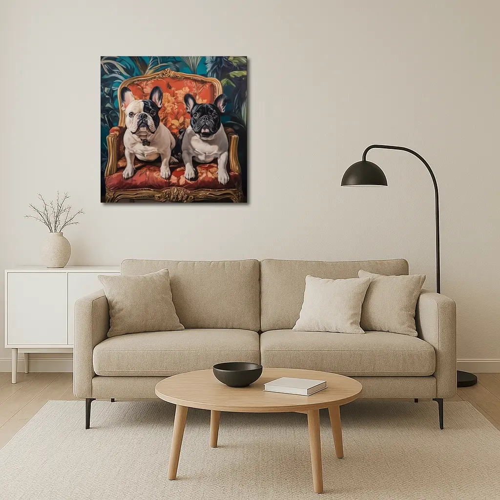 Two French Bulldogs Sitting On Ornate Chair – Wall Art