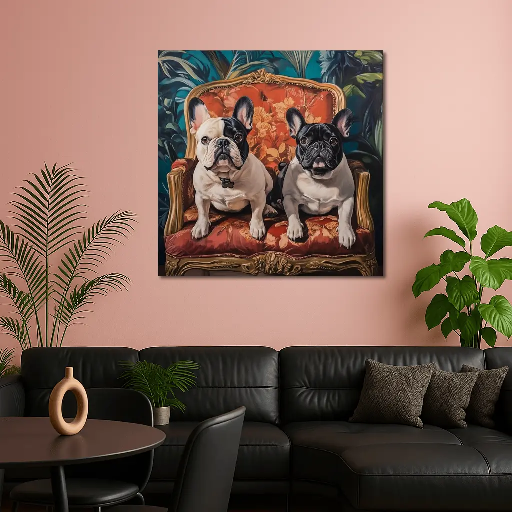 Two French Bulldogs Sitting On Ornate Chair – Wall Art