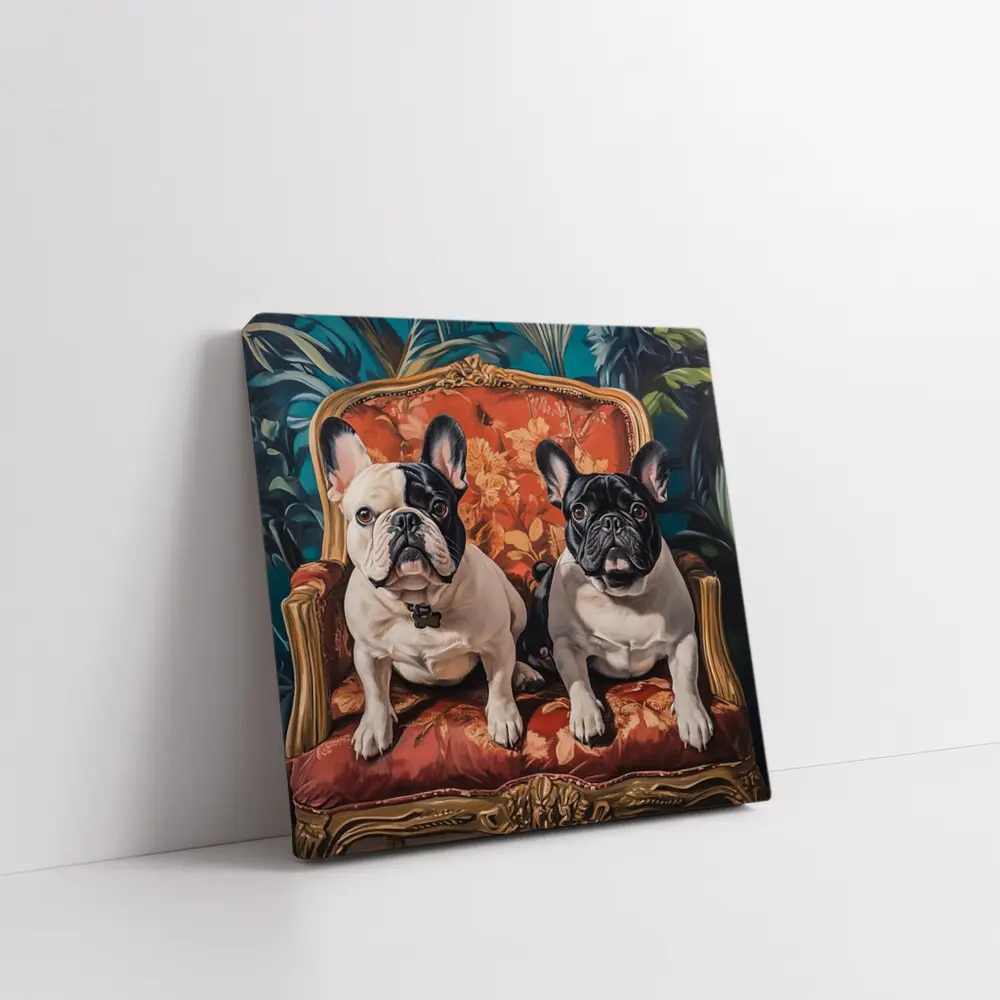 Two French Bulldogs Sitting On Ornate Chair – Wall Art