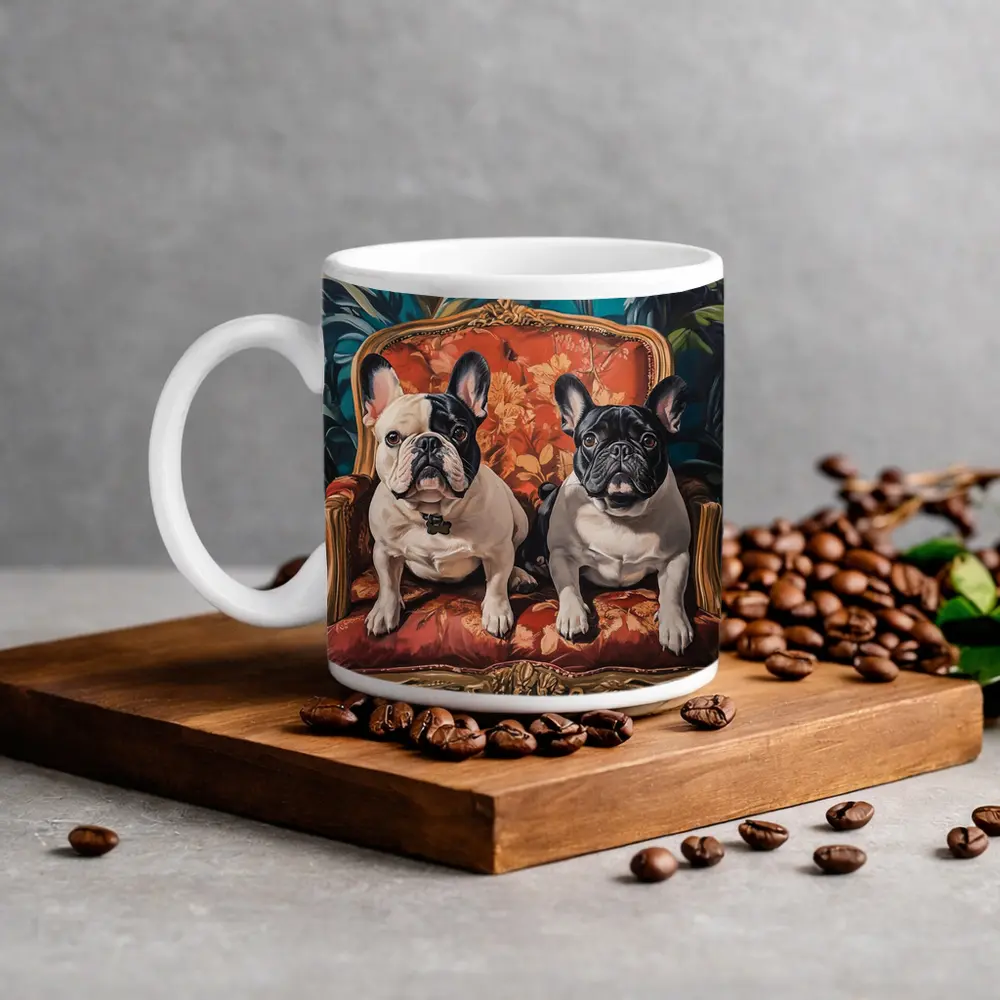 Two French Bulldogs Sitting On Ornate Chair – Mugs