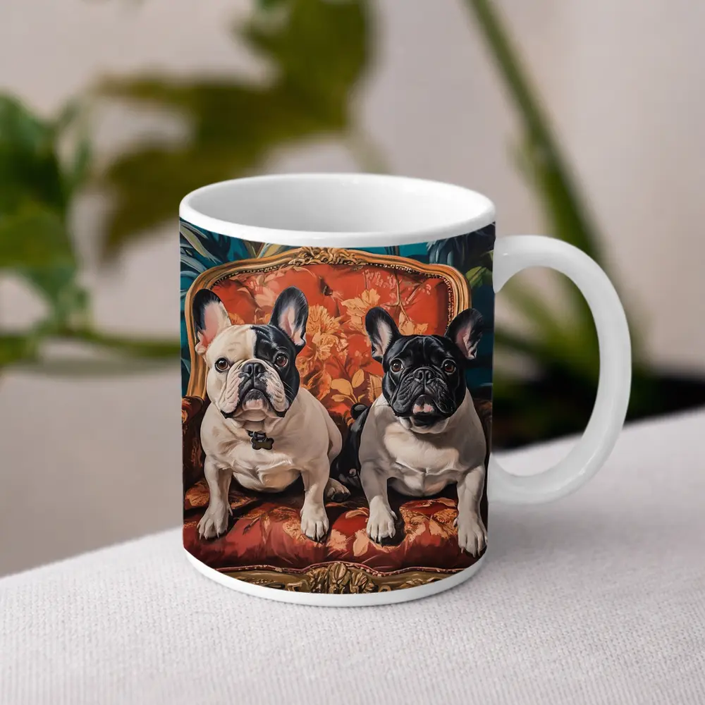 Two French Bulldogs Sitting On Ornate Chair – Mugs
