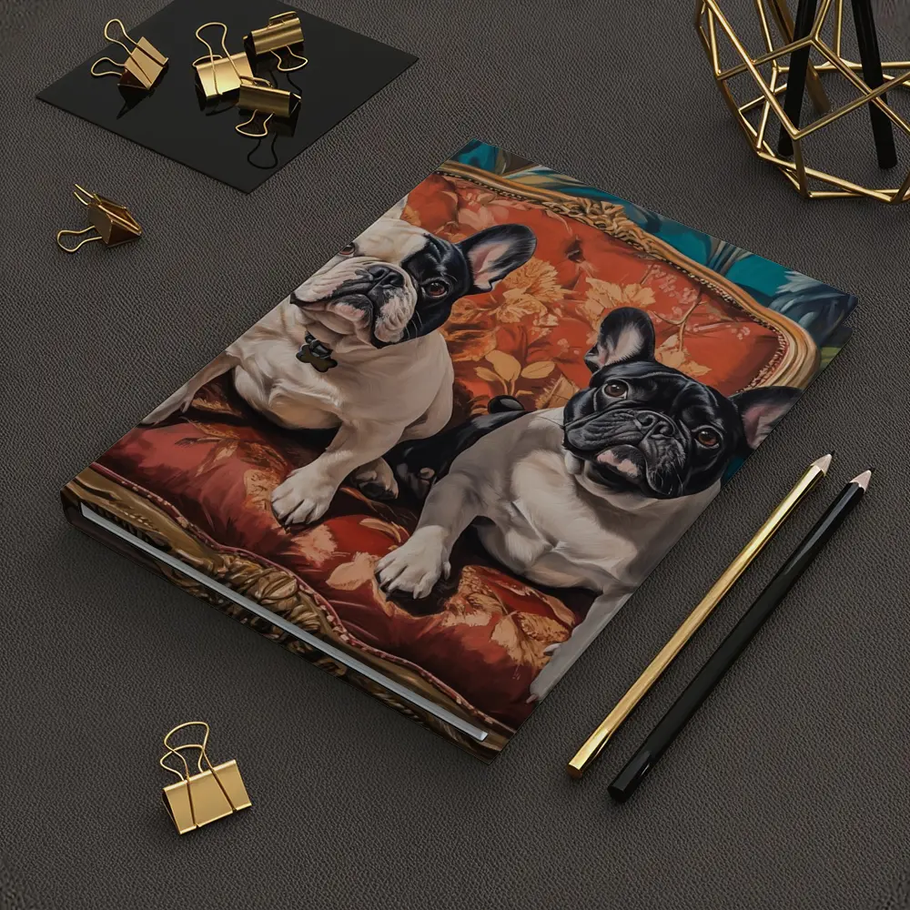 Two French Bulldogs Sitting On Ornate Chair – Notebooks