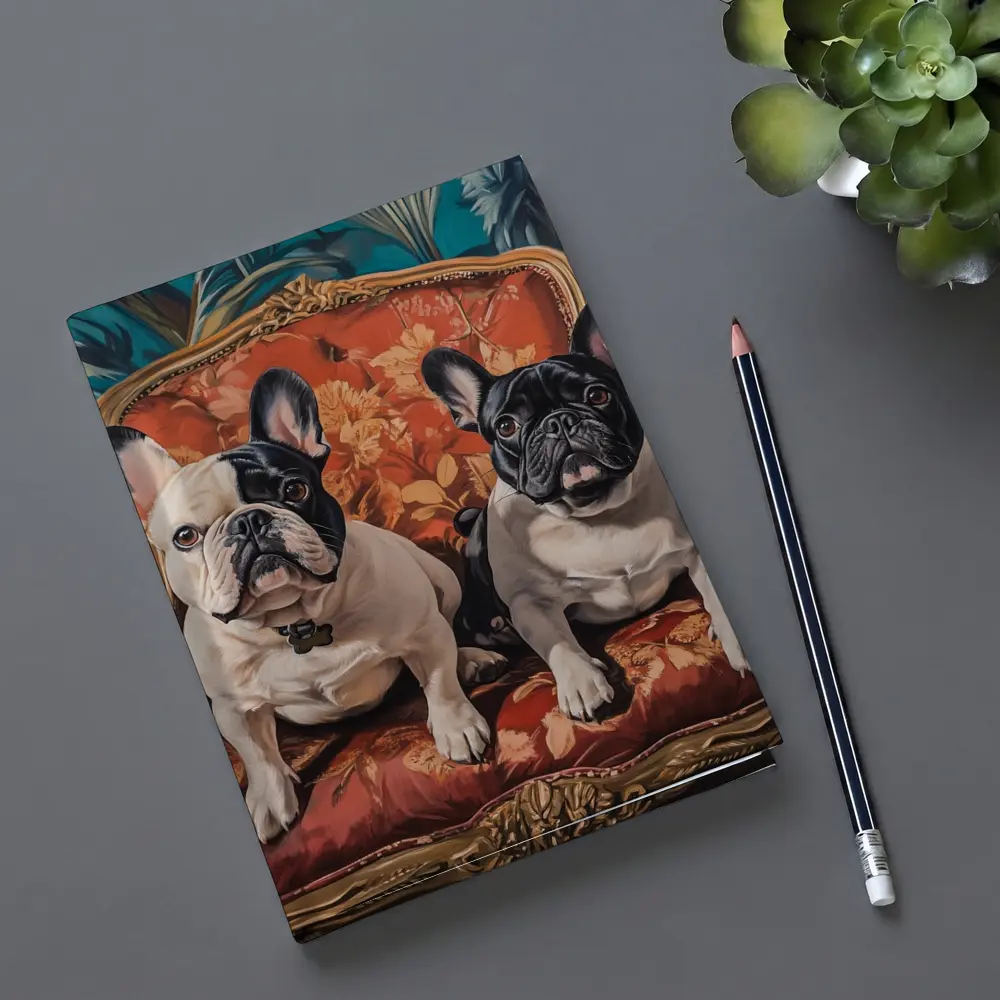 Two French Bulldogs Sitting On Ornate Chair – Notebooks