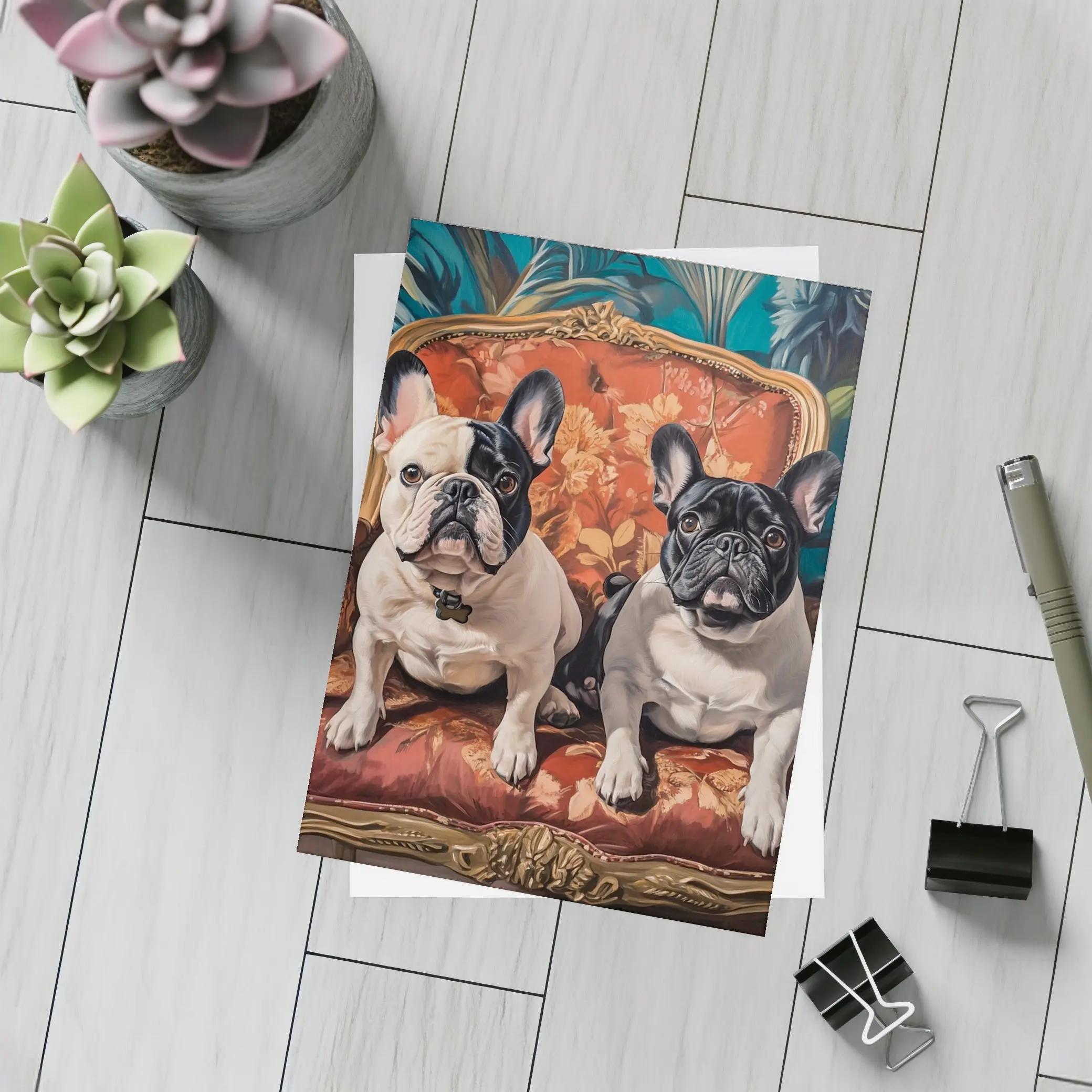 Two French Bulldogs Sitting On Ornate Chair – Postcards