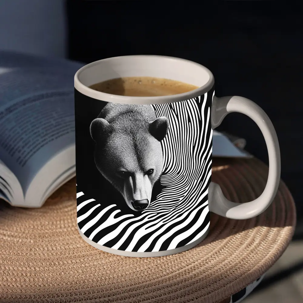 Black White Bear Op Art Striped Pattern – Mugs