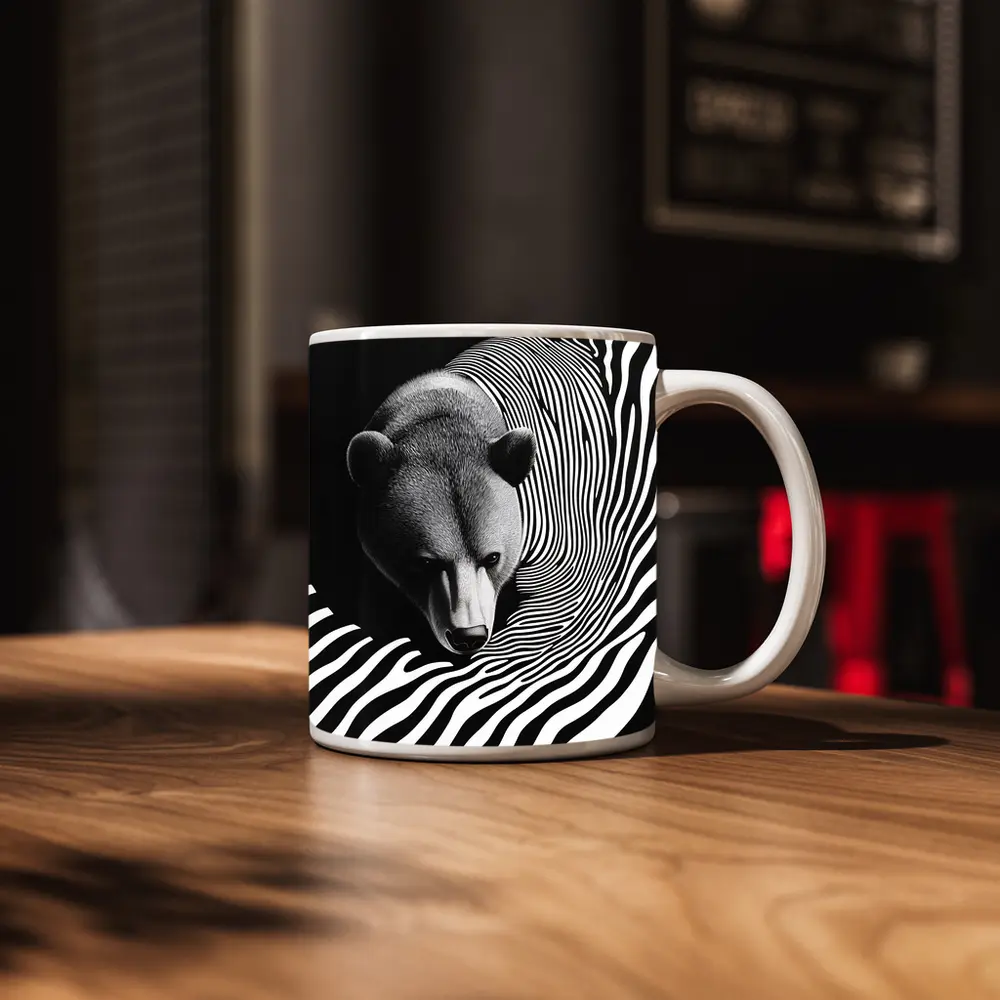 Black White Bear Op Art Striped Pattern – Mugs